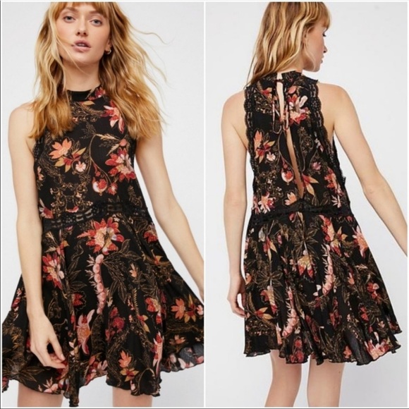 Free People Dresses & Skirts - Free People Intimately She Moves Black Floral Print Lace Slip Dress Size Small